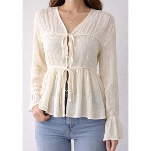 (NWT) FM2050 • Cream Textured Boho Tie-Front Long Sleeve Peplum Blouse, OS